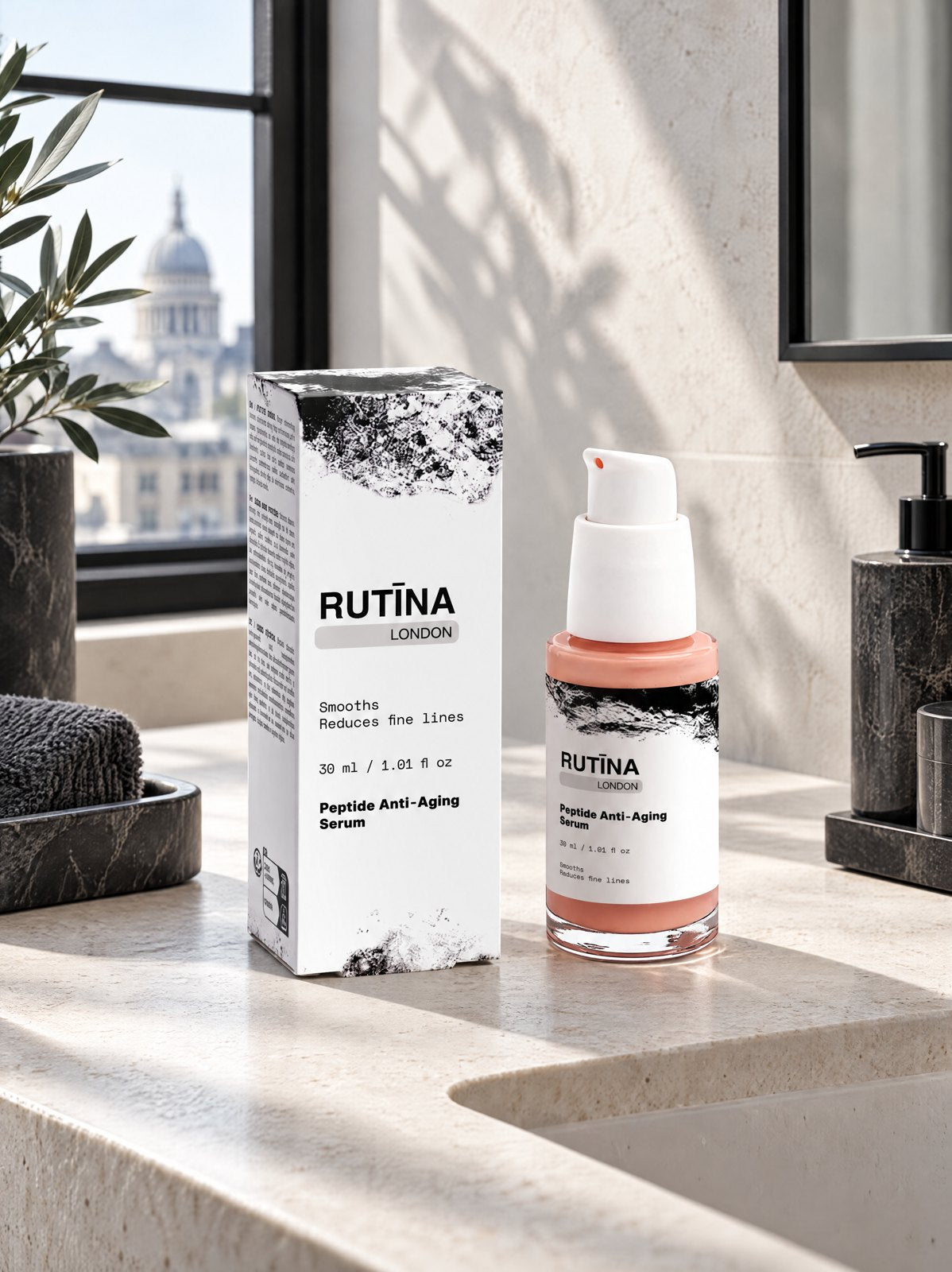 Rutina London Peptide Anti-Age Serum beside an autumn London window