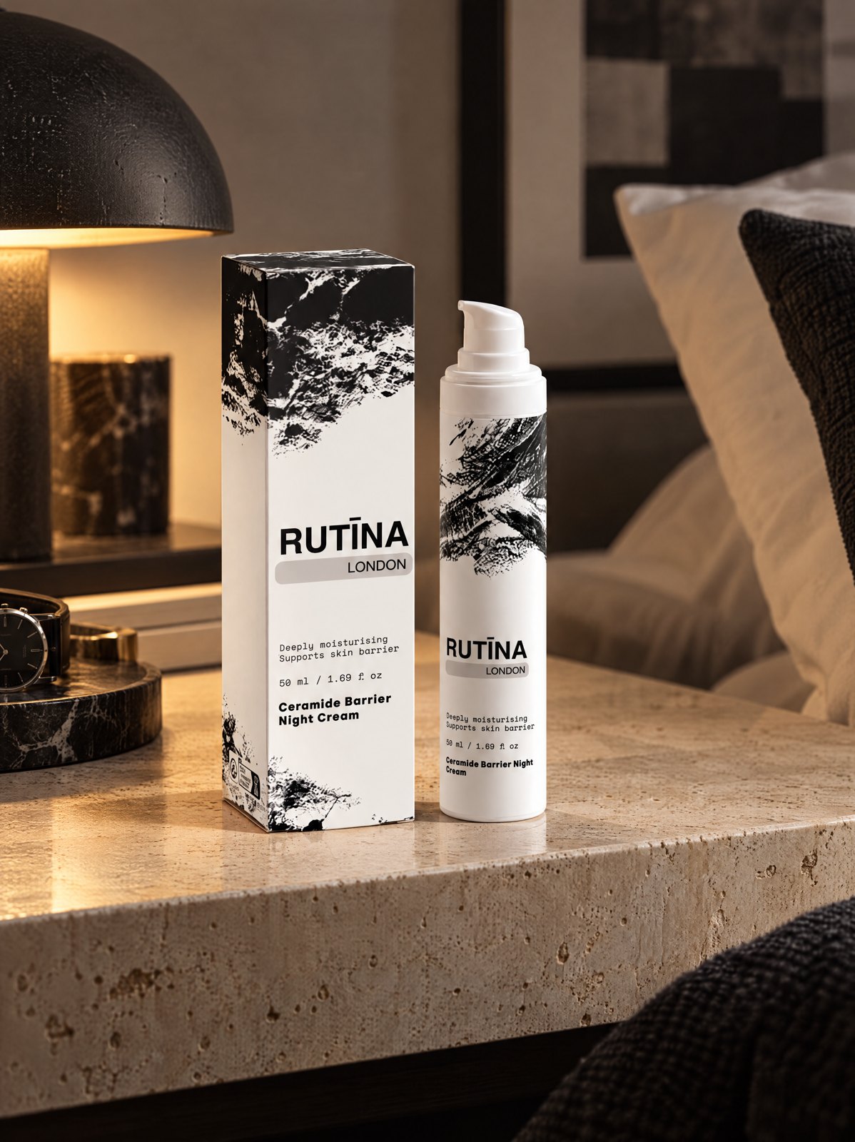 Rutina London Ceramide Barrier Night Cream in an evening skincare setting